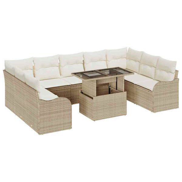 vidaXL Trädgårdsoffset med kudde 10 pcs Beige Poly rattan
