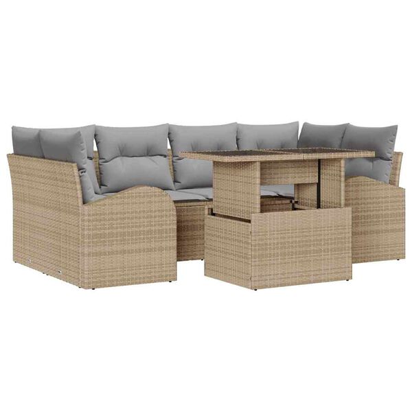 vidaXL Tr&auml;dg&aring;rdsoffset med kudde 7 pcs Beige Poly rattan