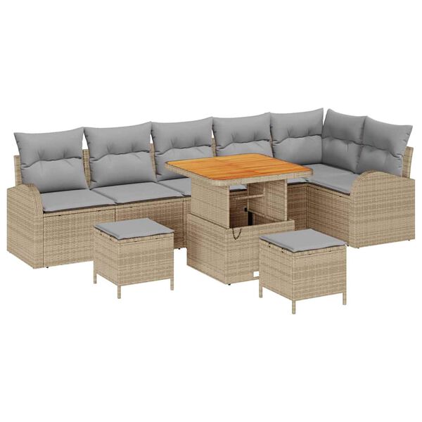 vidaXL Tr&auml;dg&aring;rdsoffset med kudde 9 pcs Beige Poly rattan