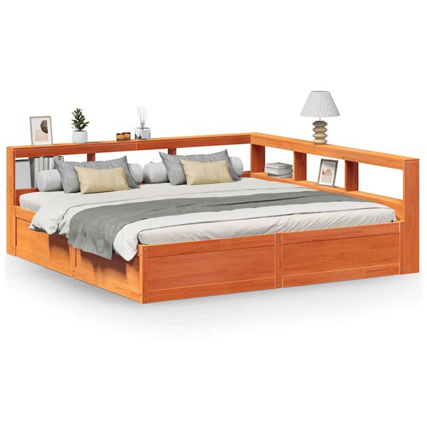 vidaXL S&auml;ng med bokhylla utan madrass vaxbrun 180x200cm massiv furu