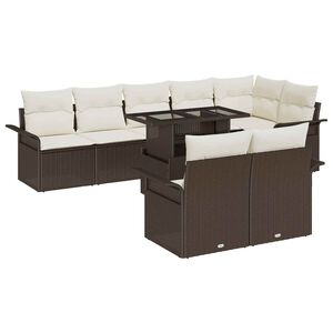 vidaXL Tr&auml;dg&aring;rdsoffset med kudde 9 pcs Brun Poly rattan