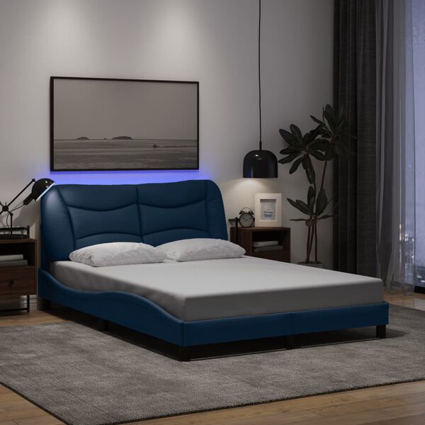 vidaXL Bed Frame with LED without Mattress "Hvar" Blue 140x200 cm Fabric