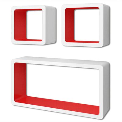 3 Flytande DVD/bokhylla förvaring i MDF kubform vit/röd