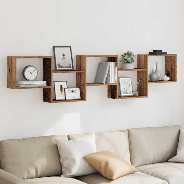 vidaXL V&auml;ggmonterad kubhylla 5 fack &aring;ldrat tr&auml; konstruerat tr&auml;