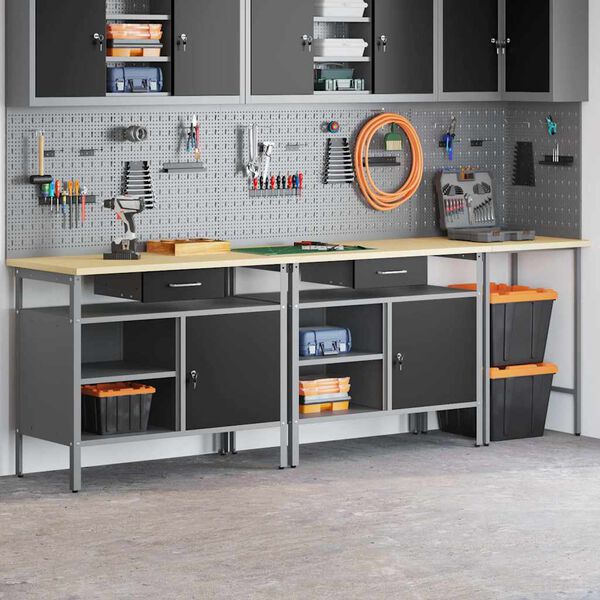 vidaXL Arbetsbänkset med låda med lås 3 pcs Röd 255 x 55 x 85 cm Stål