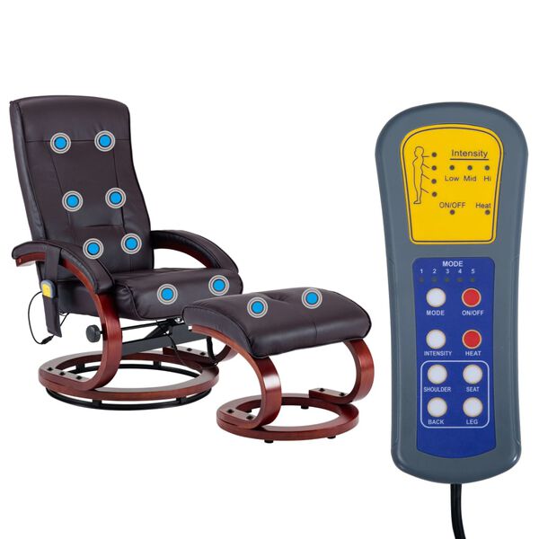 vidaXL Massagefåtölj med fotpall brun konstläder