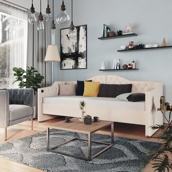 vidaXL Dagb&auml;dd med madrass USB gr&auml;ddvit tyg 90x200 cm