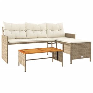 vidaXL Tr&auml;dg&aring;rdssoffa med bord och dynor L-formad beige konstrotting