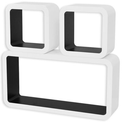 3 Flytande DVD/vägghylla förvaring i MDF kubform svart/vit