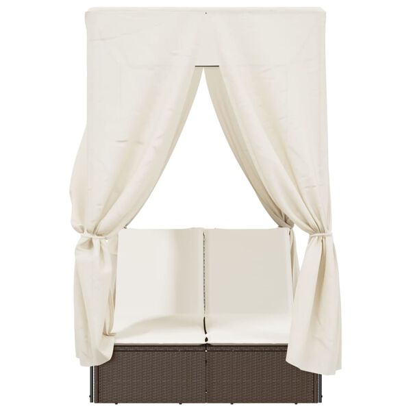 vidaXL Dubbel sols&auml;ng med tak och dynor brun konstrotting