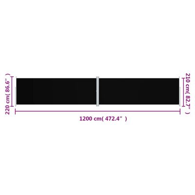 vidaXL Infällbar sidomarkis svart 220x1200 cm