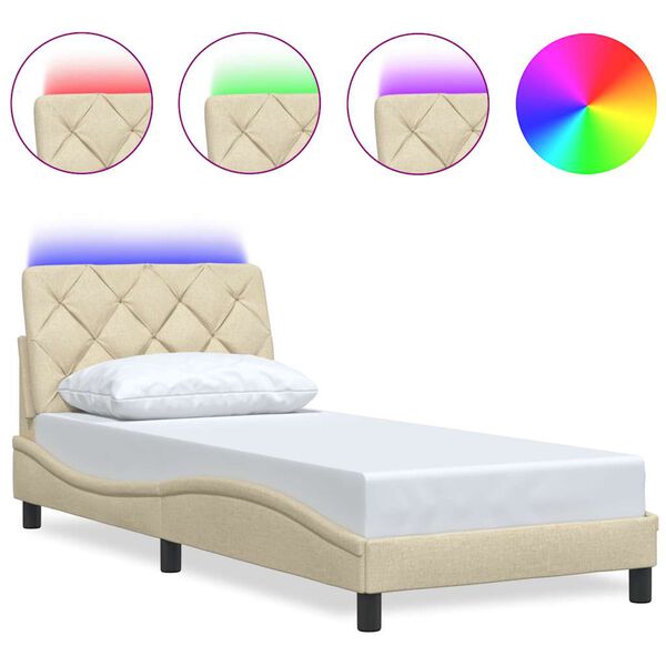 vidaXL Bed Frame with LED without Mattress Cream 90x200 cm Fabric