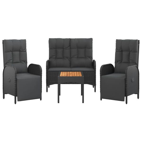 vidaXL Matgrupp för trädgården med dynor 4 delar svart konstrottning