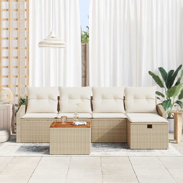 vidaXL Trädgårdsoffset med kudde med lagring 6 pcs Beige Poly rattan