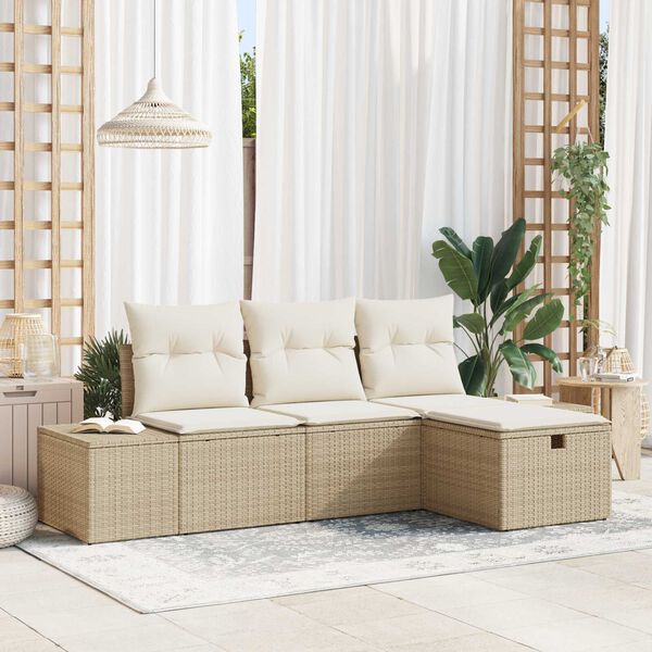 vidaXL Tr&auml;dg&aring;rdsoffset med kudde 4 pcs Beige Poly rattan
