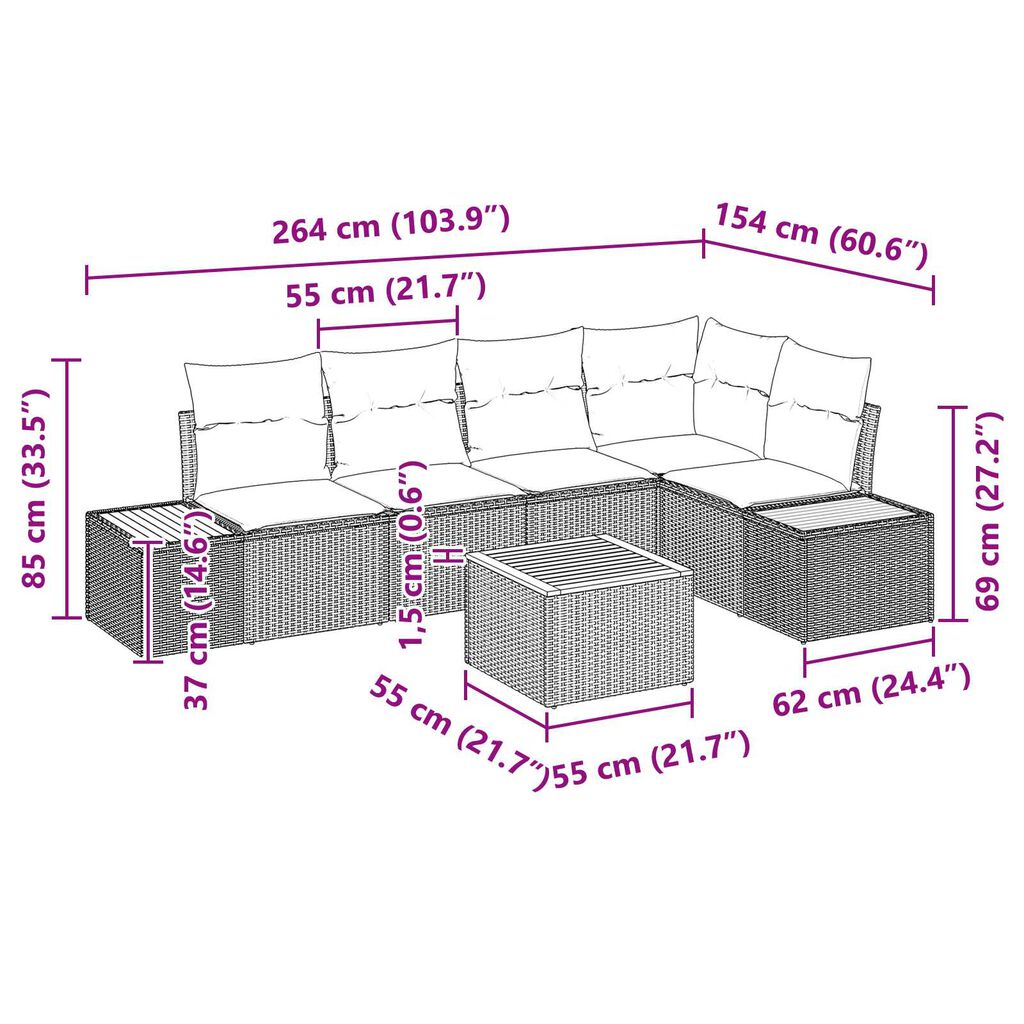 vidaXL Trädgårdsoffset med kudde 6 pcs Grå Poly rattan