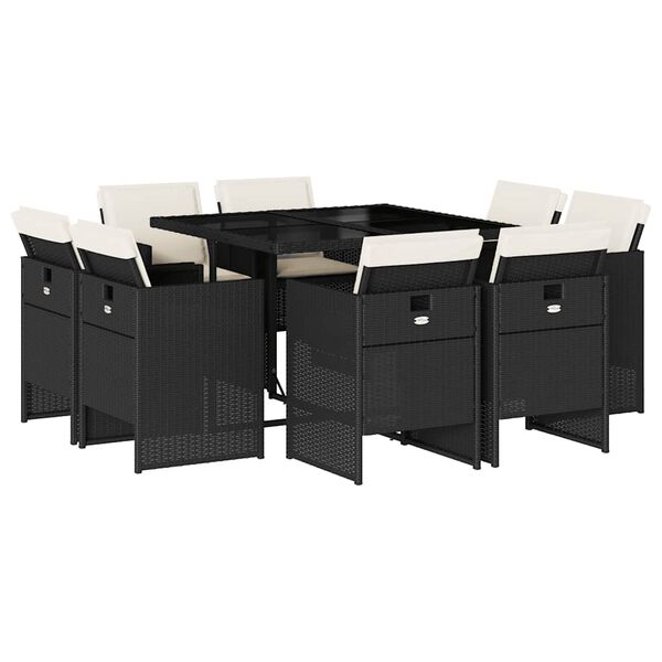 vidaXL Matgrupp f&ouml;r tr&auml;dg&aring;rden med dynor 9 delar svart konstrottning