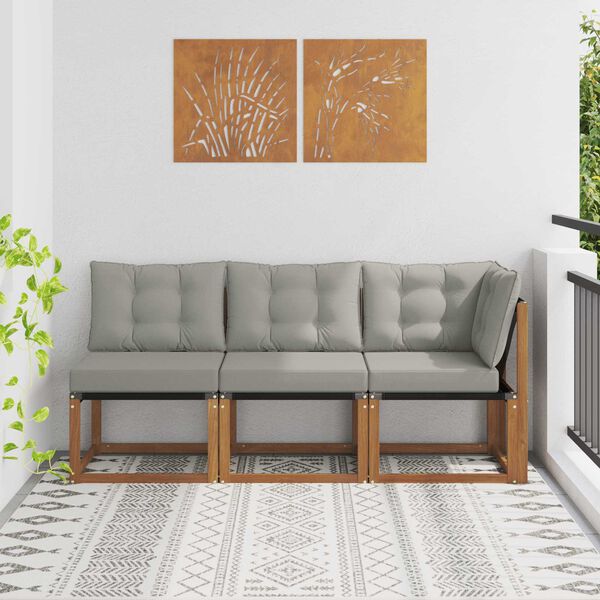 vidaXL Modulsoffa utomhus mitt och h&ouml;rn med kudde 3 Stycke Naturf&auml;rg