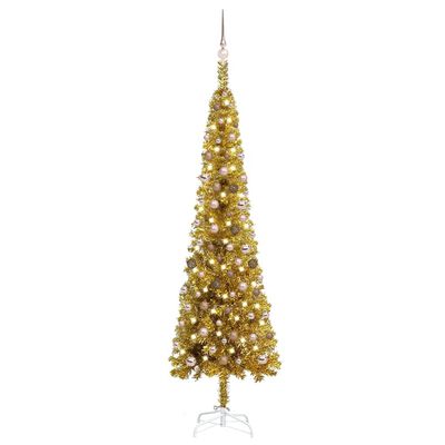 vidaXL Plastgran smal med LED och julgranskulor guld 240 cm