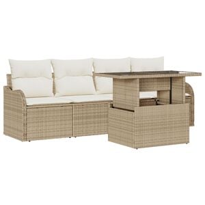 vidaXL Tr&auml;dg&aring;rdsoffset med kudde med kudde 5 pcs Beige Poly Rattan