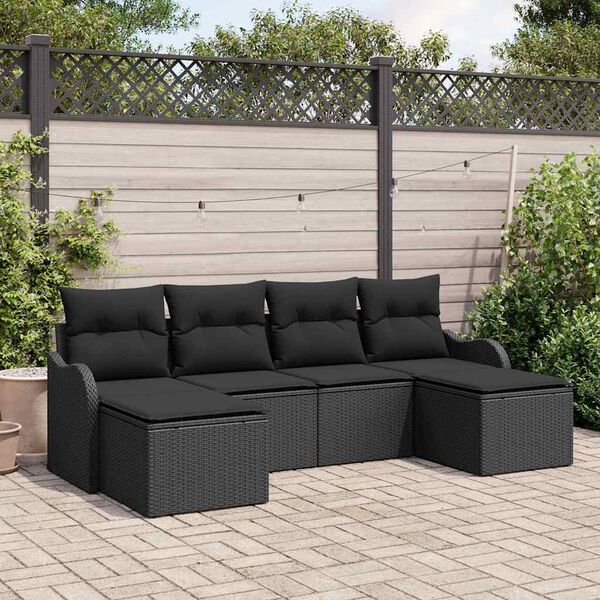vidaXL Tr&auml;dg&aring;rdsoffset med kudde 6 pcs Svart Poly rattan