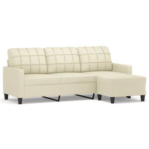 vidaXL 3-sitssoffa med fotpall gr&auml;ddvit 180 cm konstl&auml;der