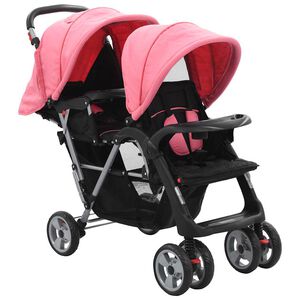 vidaXL Syskonvagn rosa och svart st&aring;l