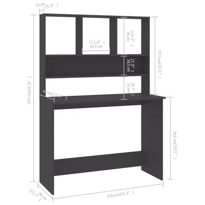 vidaXL Skrivbord med hyllor grå 110x45x157 cm konstruerat trä