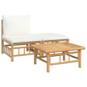 vidaXL Loungegrupp f&ouml;r tr&auml;dg&aring;rden med gr&auml;ddvita dynor 3 delar bambu