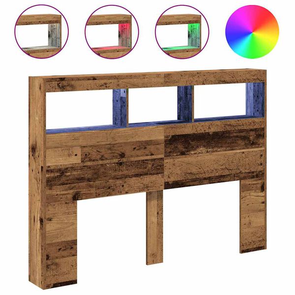 vidaXL Sk&aring;p till s&auml;nggaveln med LED gammalt tr&auml; 140x17x102 cm