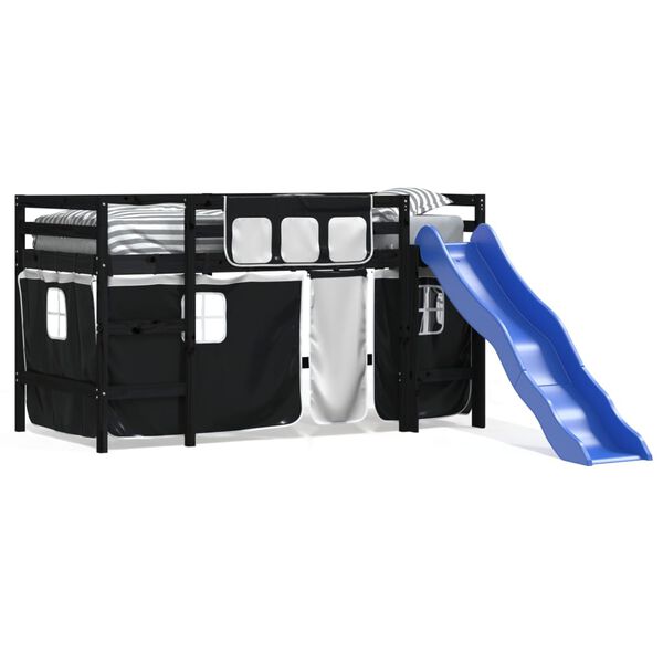 vidaXL Loftsäng med gardiner vit&svart 90x190 cm massiv furu