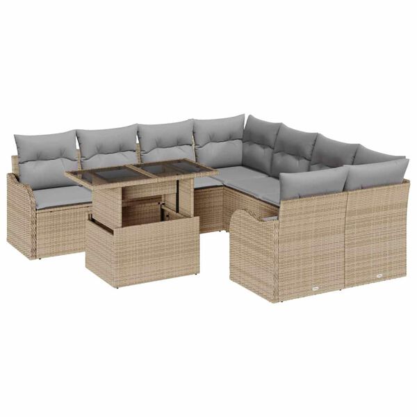 vidaXL Tr&auml;dg&aring;rdsoffset med kudde med kudde 9 pcs Beige Poly Rattan