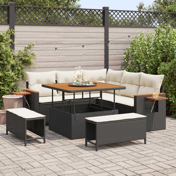 vidaXL Tr&auml;dg&aring;rdsoffset med kudde 8 pcs Svart och kr&auml;m