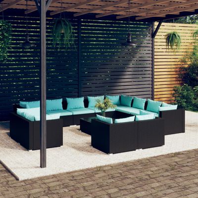 vidaXL Loungegrupp för trädgården med dynor 13delar konstrotting svart