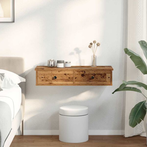 vidaXL Vägghylla med lådor åldrat trä 80x31x17 cm konstruerat trä