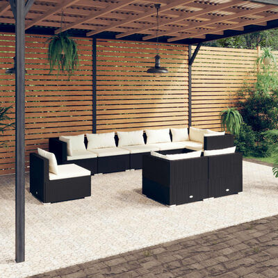 vidaXL Loungegrupp för trädgården m. dynor 9 delar konstrotting svart