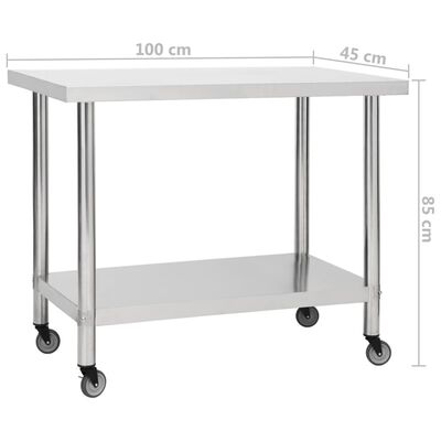 vidaXL Arbetsbord med hjul 100x45x85 cm rostfritt stål