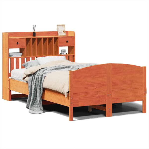 vidaXL S&auml;ng med bokhylla utan madrass vaxbrun 135x190cm massiv furu