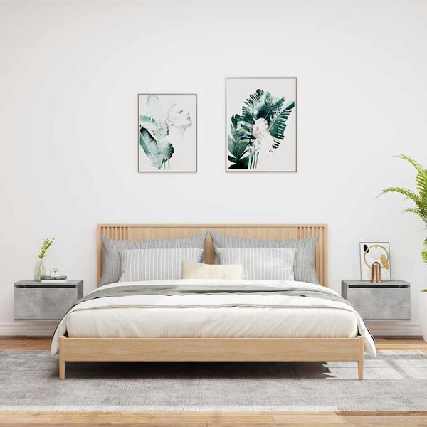 vidaXL V&auml;ggmonterade s&auml;ngbord med LED-lampor 2 st betonggr&aring;