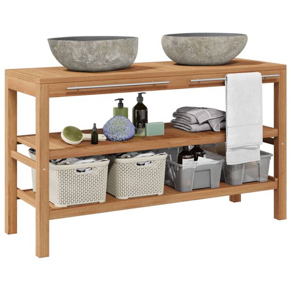 vidaXL Badrumsundersk&aring;p massiv teak med handfat i flodsten