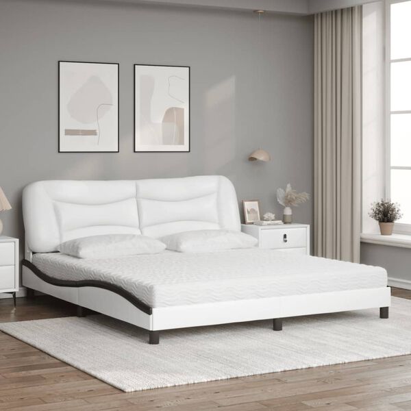 vidaXL Bed with Mattress "Hvar" White and Black 180x200 cm Faux Leather