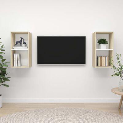 vidaXL Väggmonterade tv-skåp 2 st vit och sonoma-ek konstruerat trä