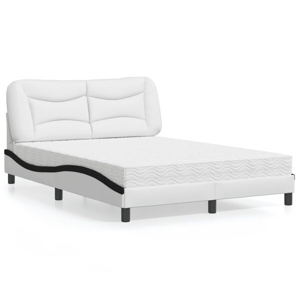 vidaXL Bed with Mattress "Hvar" White and Black 140x190 cm Faux Leather
