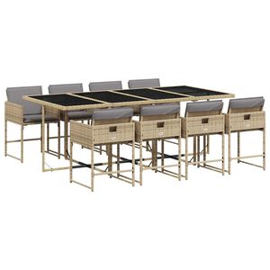 vidaXL Matgrupp f&ouml;r tr&auml;dg&aring;rden med dynor 9 delar mixbeige konstrotting