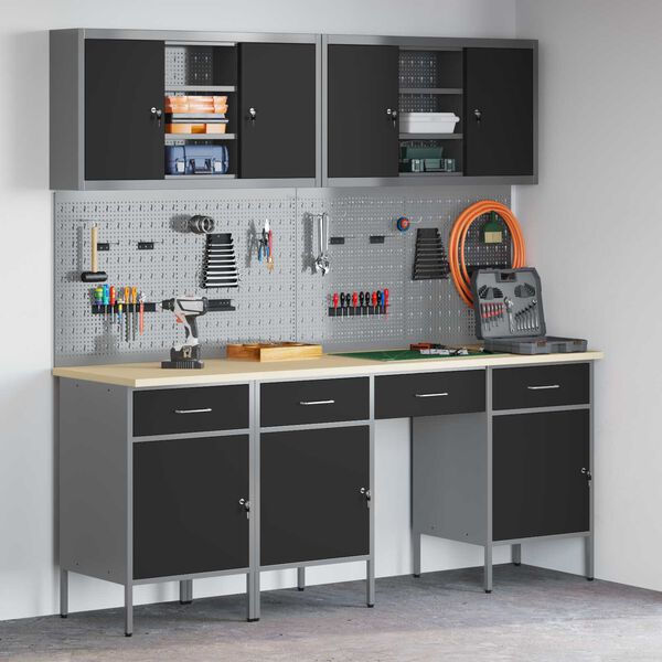 vidaXL Arbetsb&auml;nk med l&aring;da med l&aring;s 10 pcs Svart 200 x 55 x 200 cm St&aring;l