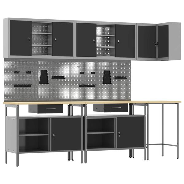 vidaXL Arbetskabinett Set med l&aring;da med hylla 10 pcs Svart och Gr&aring;