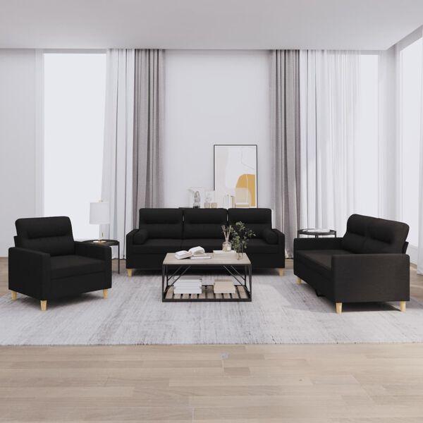 vidaXL Soffgrupp med kuddar 3 delar svart tyg