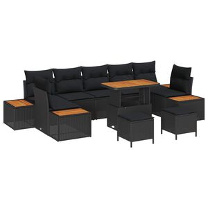 vidaXL Tr&auml;dg&aring;rdsoffset med kudde med lagring 10 pcs Svart Poly rattan