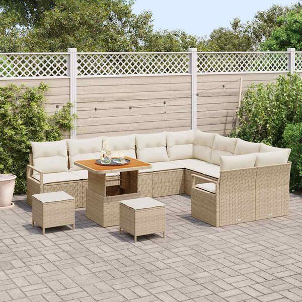 vidaXL Tr&auml;dg&aring;rdsoffset med kudde 12 pcs Beige Poly rattan