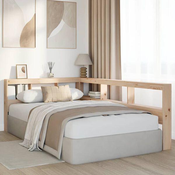 vidaXL Bokhylla s&auml;nggavel L-formad 120 cm massiv furu